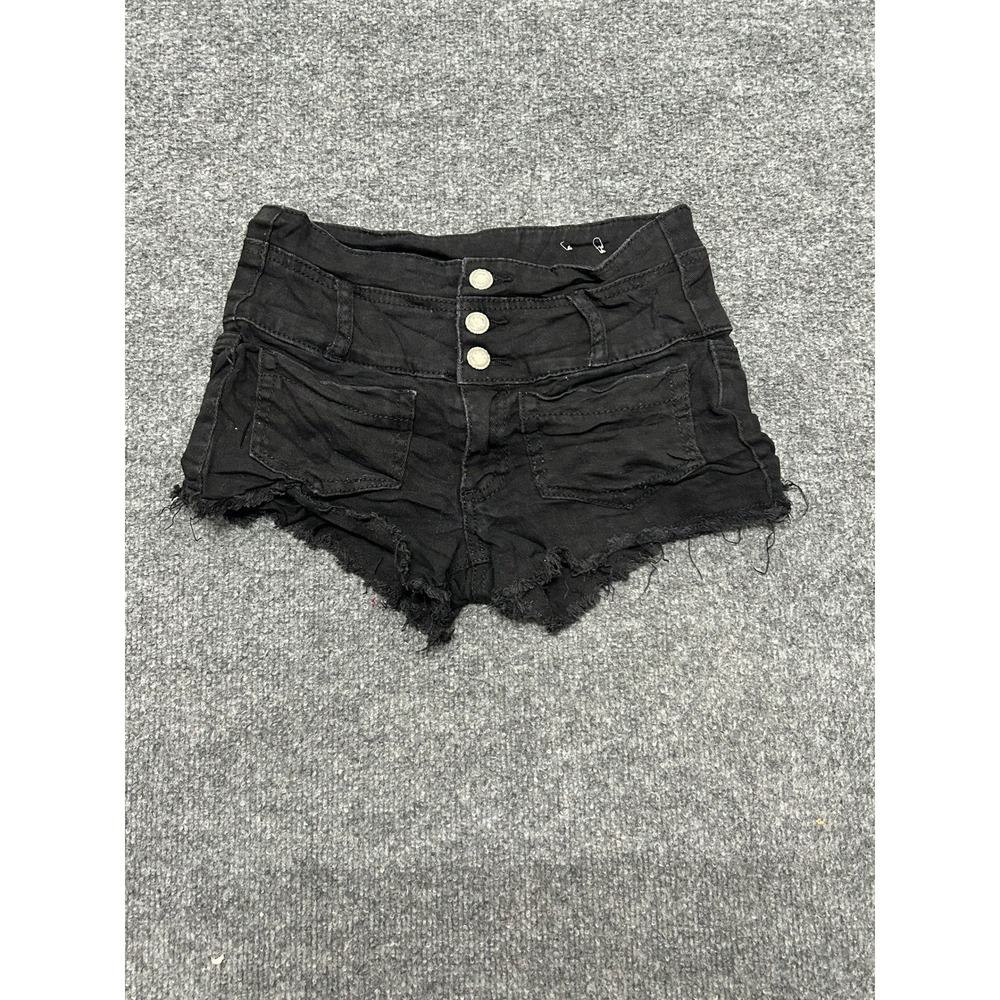 Almost Famous Shorts Womens Size 5 Black High Waisted Triple Button Raw Hem